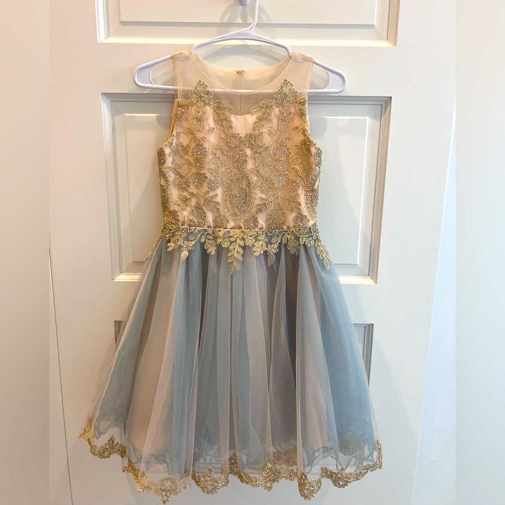 Us Angels Ice Blue and Gold A-Line Sundress for Weddings